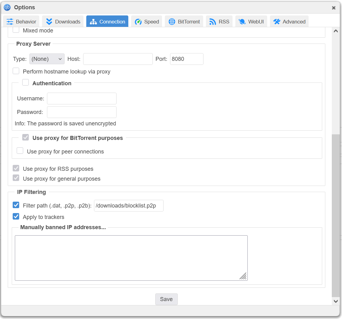 qBittorrent UI of a relevant configuration section